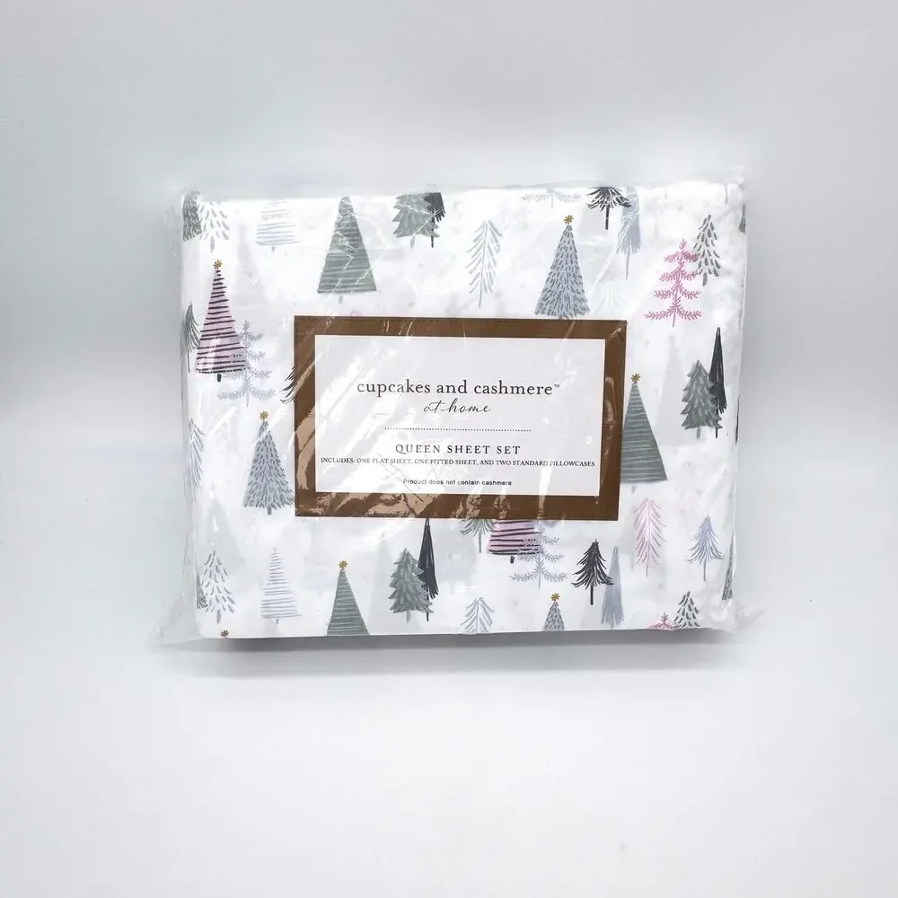 Cupcakes & Cashmere Amsterdamn Trees Pastel Christmas Tree QUEEN Sheet Set NEW